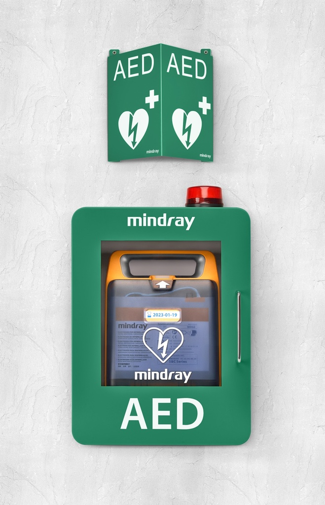 Mindray AED skápur með skilti og ljósi
